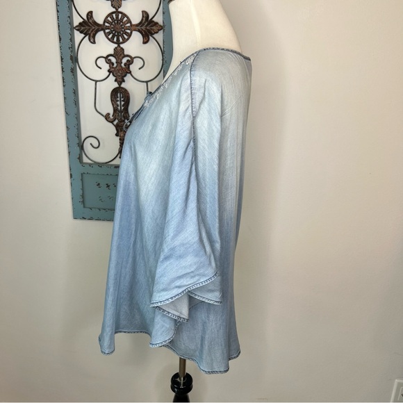 EST. 1945 Denim Embroidered Neckline Top, Tassel Tie Front - Picture 3 of 10